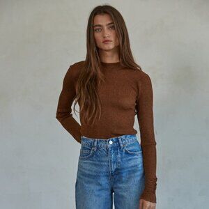 Afterglow Chocolate Brown Shimmer Ribbed Mock Neck Long Sleeve Bodysuit